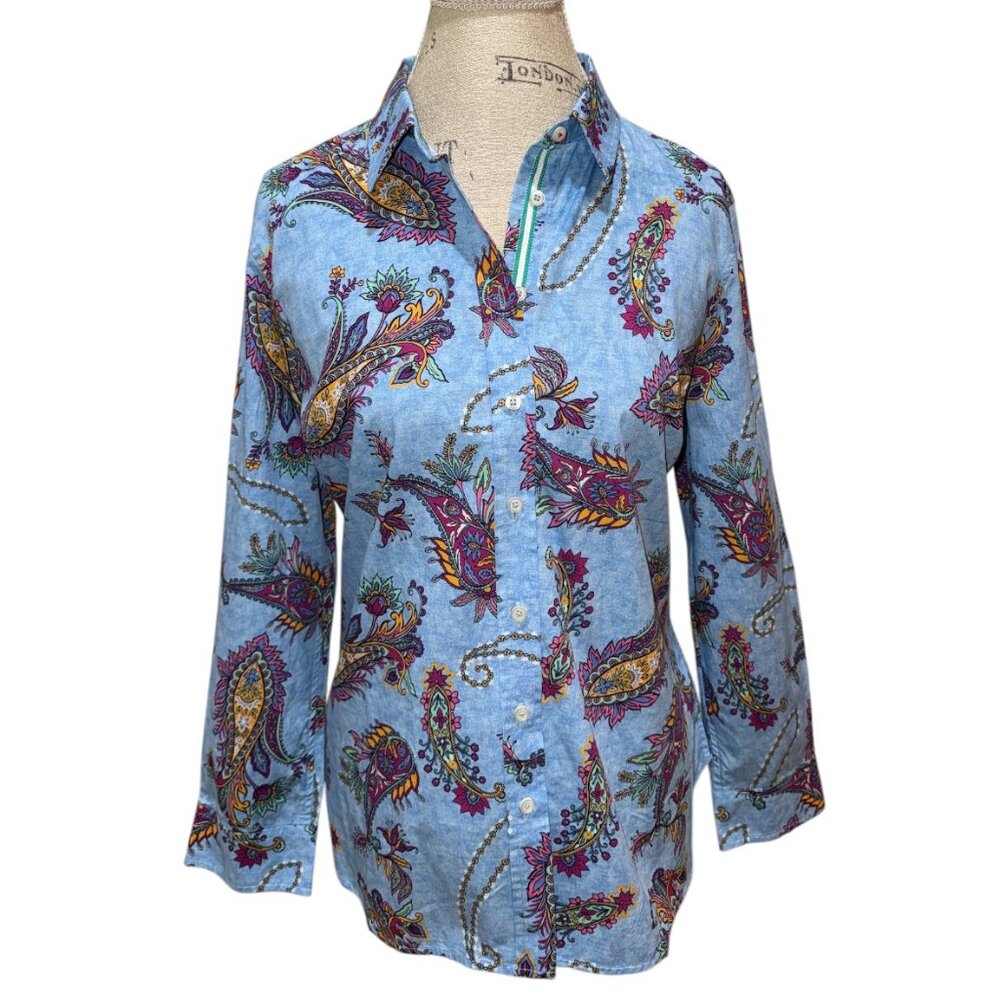 Talbots Blue, Red & Orange Floral Paisley Long Sleeve Button Blouse L Petite